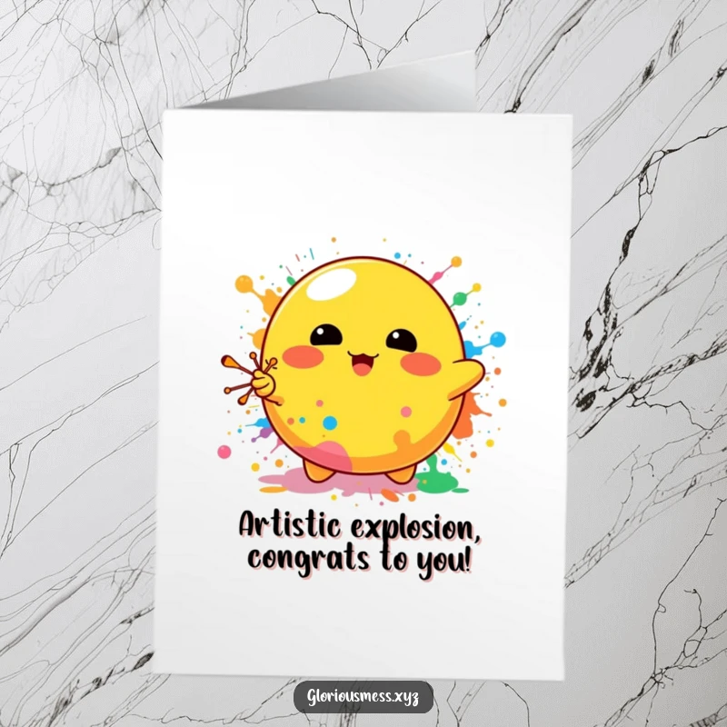 Funny Free Printable Congratulations Card: Yellow blob character enthusiastically splattering colorful paint in celebration.