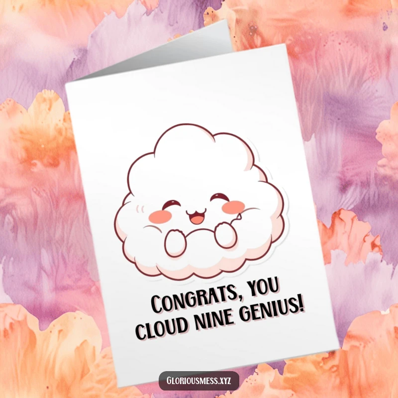 Funny Free Printable Congratulations Card: A fluffy cloud character with rosy cheeks, giggling with delight.