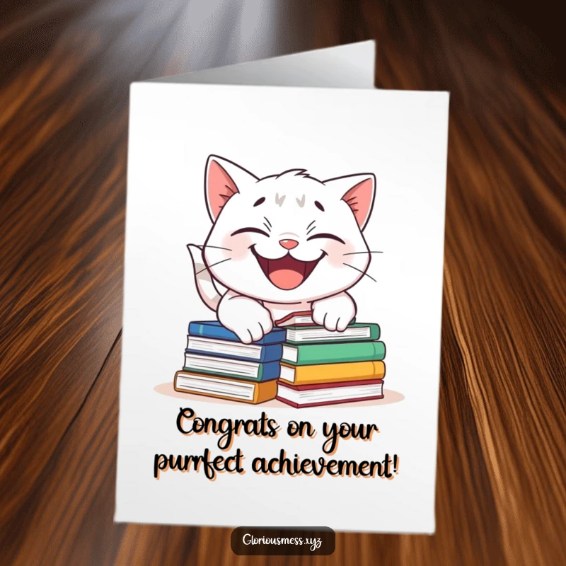 Funny Free Printable Congratulations Card: Grinning cat tripped by a pile of books, celebrating success.