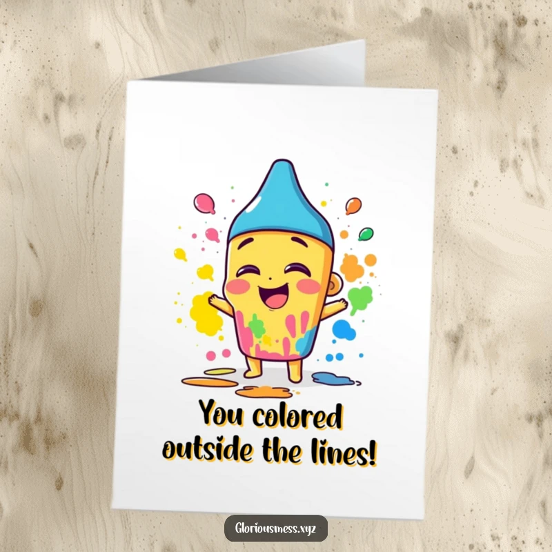 Free Printable Congratulations Card: Giggling crayon character smearing colors with abandon, artistic achievement.