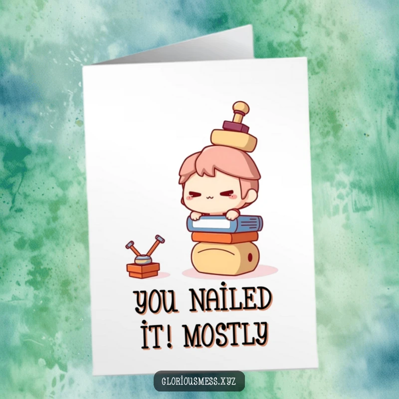 Funny Free Printable Congratulations Card: Character grinning, balancing many teetering objects, perfect DIY celebration gift.