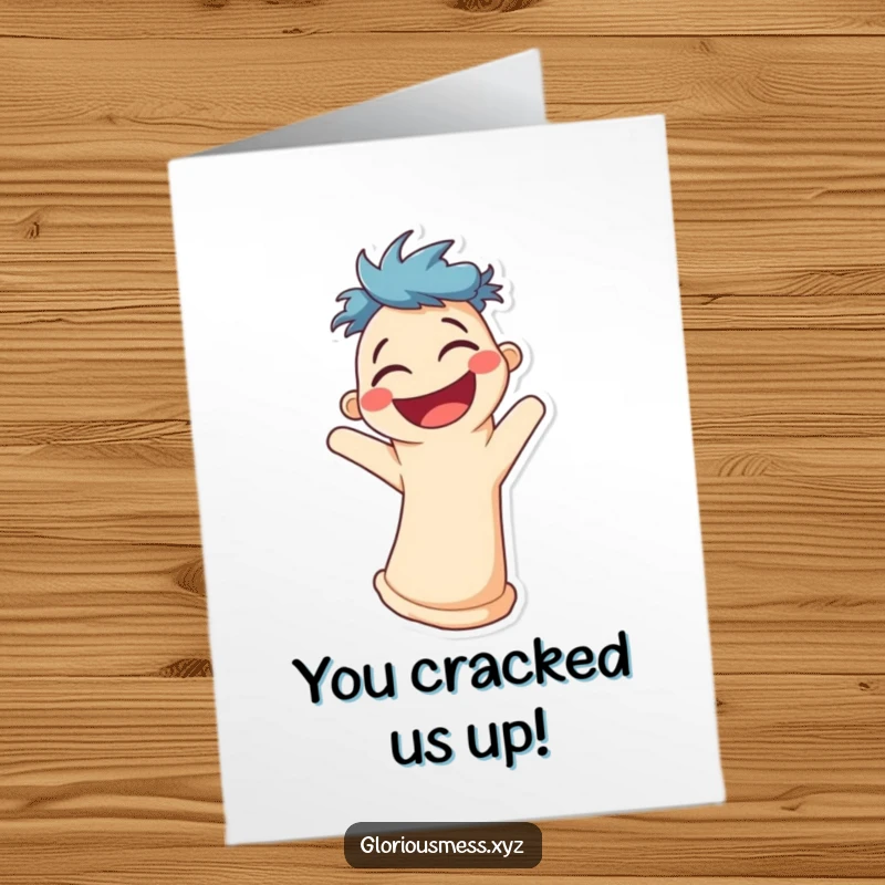 Funny Free Printable Congratulations Card: A grinning sock puppet shaking with uncontrollable laughter. A joyful celebration of achievement. Easy to print.