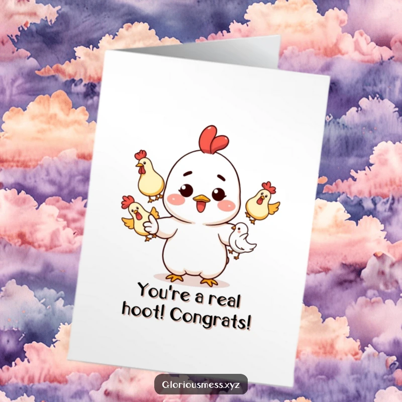 Funny Free Printable Congratulations Card: Character juggles rubber chickens with ink splatters, a hilarious congrats gift.