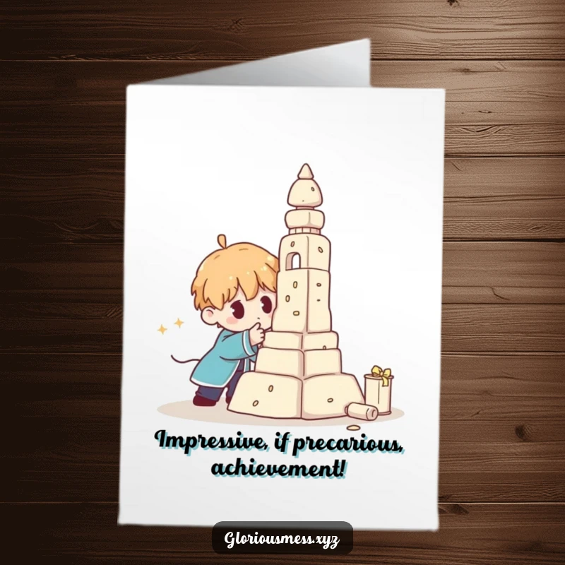 Funny Free Printable Congratulations Card: A character’s ambitious but failing wobbly sculpture, pieces tumbling down in a humorous mishap.