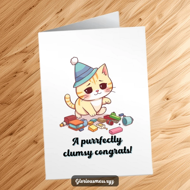 Funny Free Printable Congratulations Card: Confused cat in a silly hat tripping, perfect for celebrating any achievement.