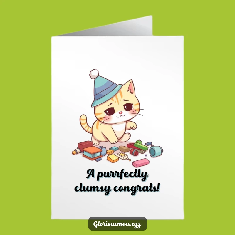 Free Printable Funny Cat Congratulations Card: Silly Hat Cat Tripping, Downloadable Joyful Gift