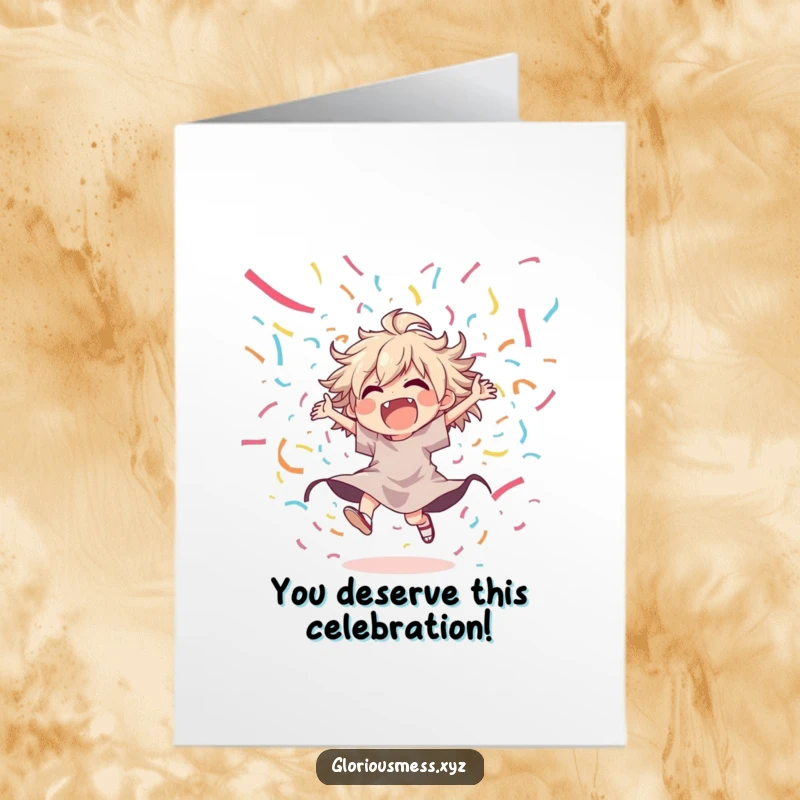 Funny Free Printable Congratulations Card: Joyful character dancing energetically amidst a waterfall of colorful streamers.