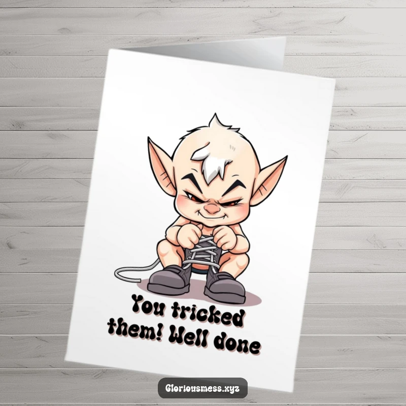 Funny Free Printable Congratulations Card: A mischievous imp grins while tying shoelaces together.