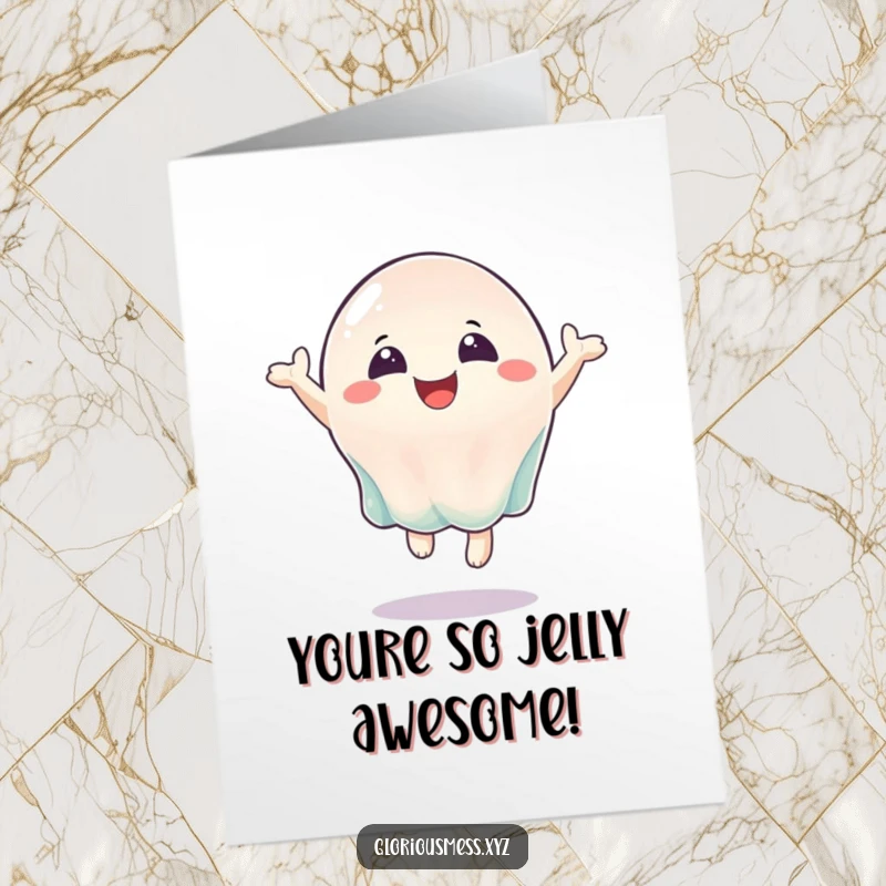 Free Printable Congratulations Card: A wobbly jelly character bouncing with pure joy, celebrating a wonderful achievement.