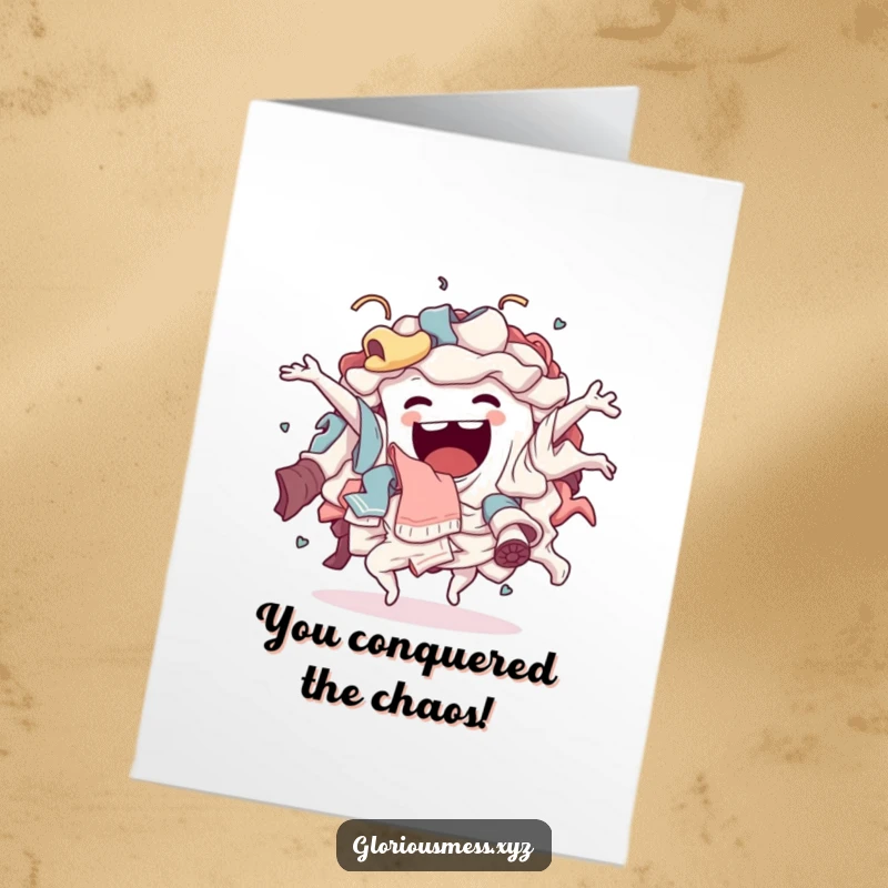 Free printable congratulations card showing a chaotic laundry pile dancing wildly, perfect for humorous celebrations.