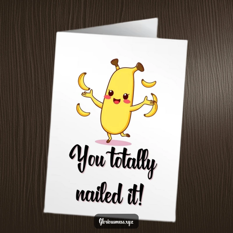Funny free printable congratulations card featuring a dancing banana character skillfully juggling smaller bananas, celebrating success.