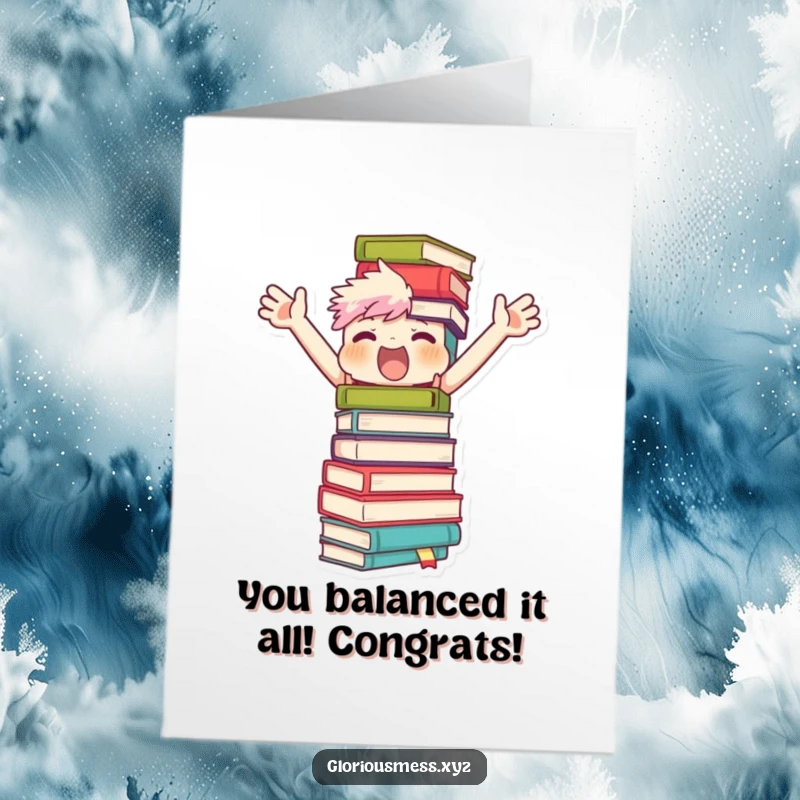 Funny Free Printable congratulations card: Character triumphantly, yet precariously, balances a towering stack of books, symbolizing a great achievement.