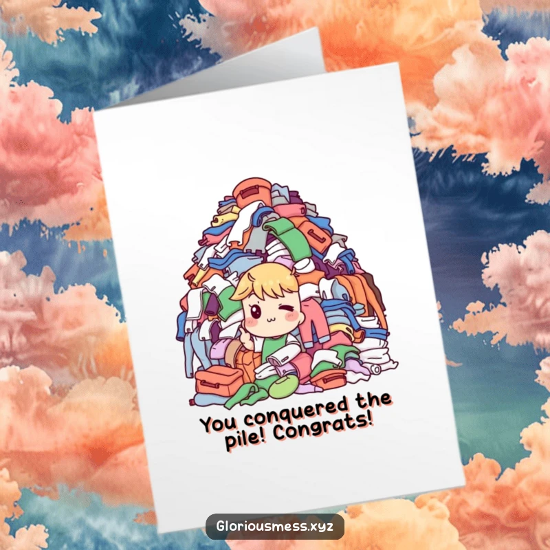 Funny Free Printable Congratulations Card: Character winks at a mountain of laundry, humorously celebrating success.