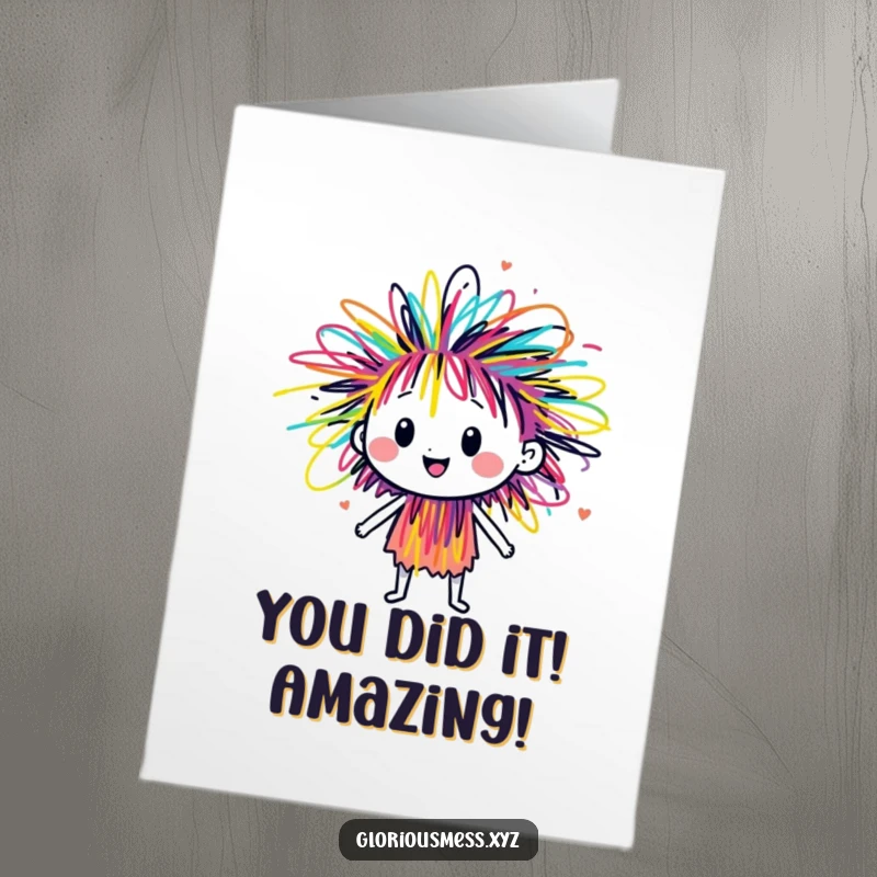 Funny Free Printable Congratulations Card: A sentient scribble character radiating colorful, explosive energy to celebrate success and achievements.