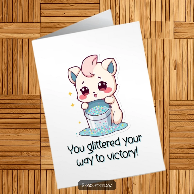 Funny Free Printable Congratulations Card: A creature looks innocently surprised after accidentally spilling a whole bucket of shimmering glitter.