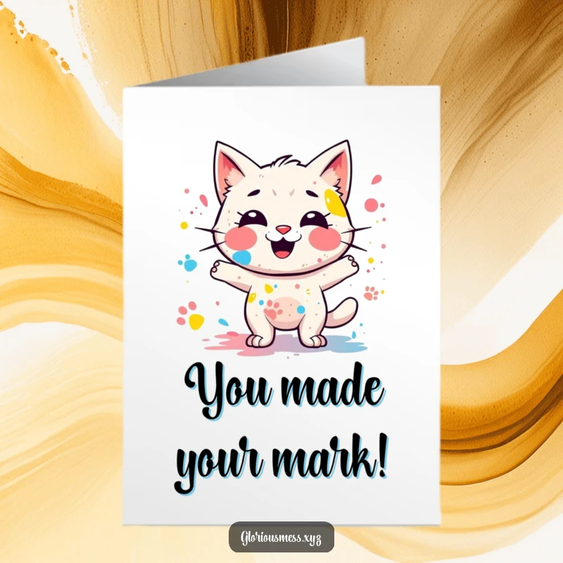 Funny free printable congratulations card of a giggling paint splatter character with colorful paw prints, celebrating a big win.
