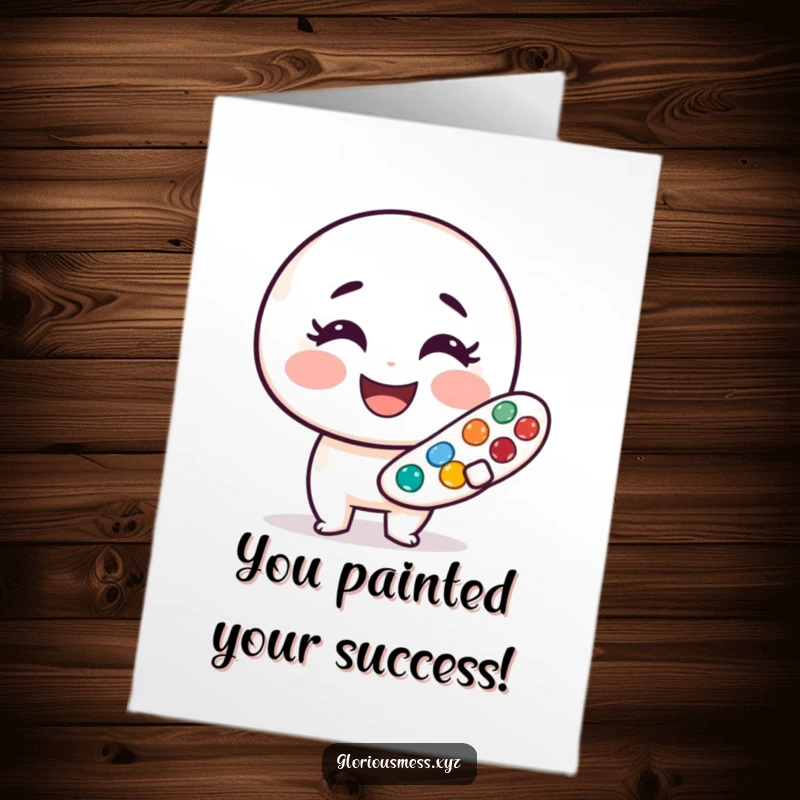 Funny free printable congratulations card showing a smiling paint palette with a colorful, artistic flourish, celebrating success.