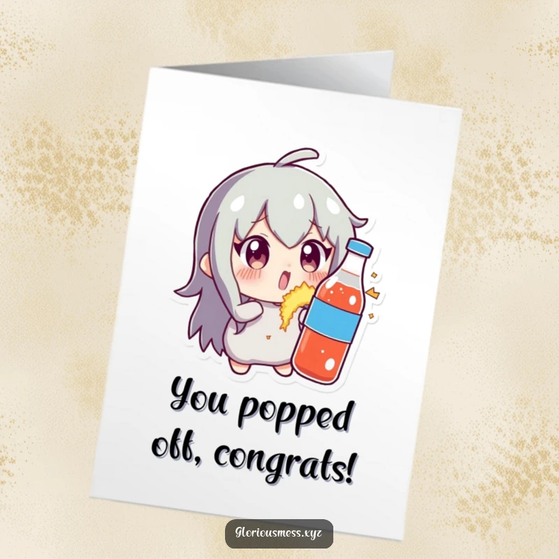 Funny Free Printable congratulations card: Character awestruck by an exploding soda bottle, celebrating a wild success with bubbly joy.