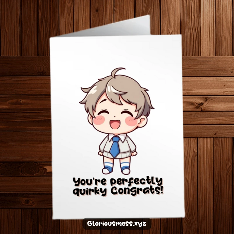 Funny Free Printable Congratulations Card: Giggling character in mismatched socks and crooked tie, celebrating success humorously.