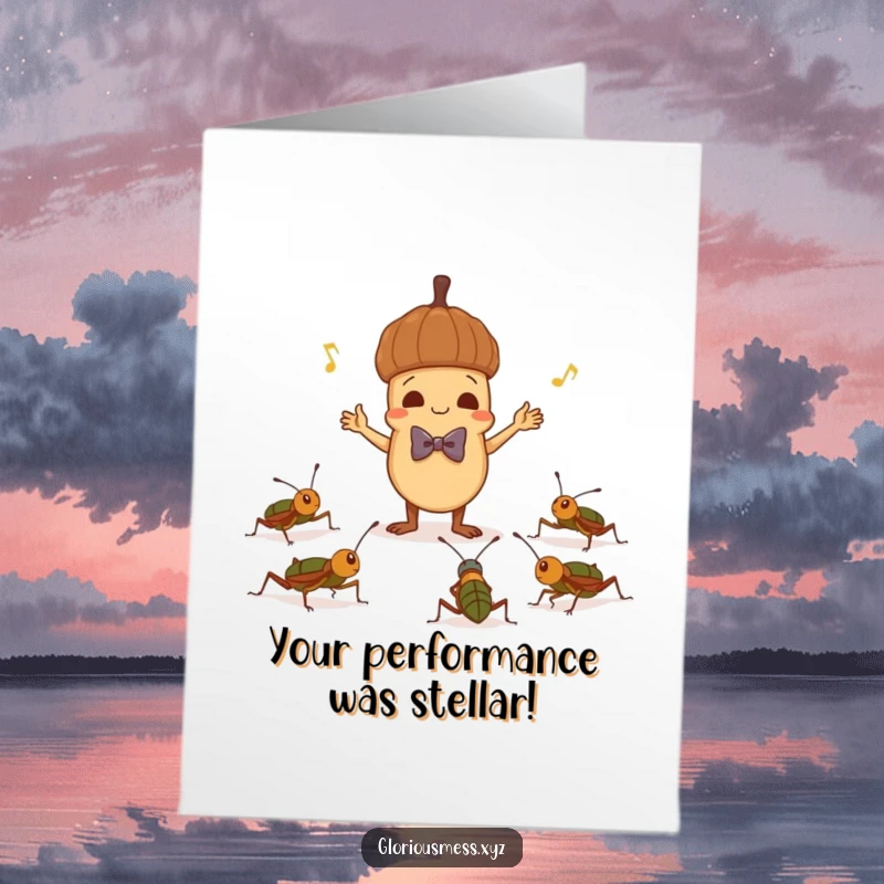 Funny Free Printable Congratulations Card showing an acorn conductor leading a cricket symphony with enthusiasm.