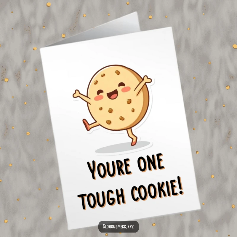 Free Printable Congratulations Card: Happy lopsided cookie character cartwheeling, celebratory dessert art.