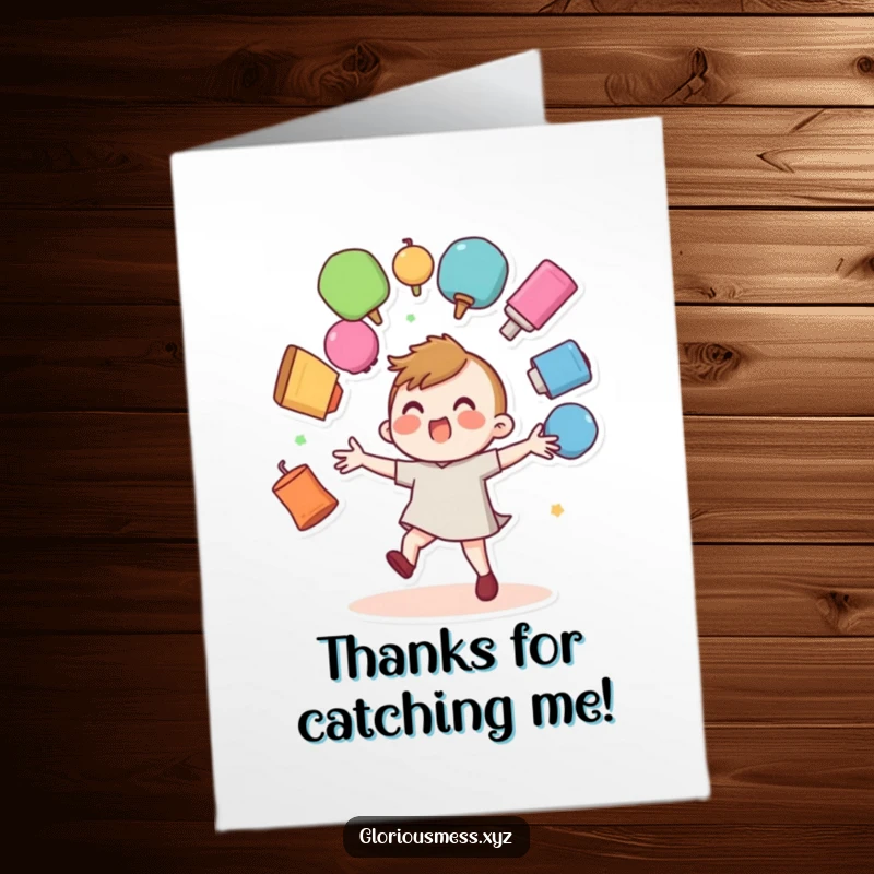 Funny Free Printable Thank You Card: A wobbly character juggles colorful objects that are about to fall.