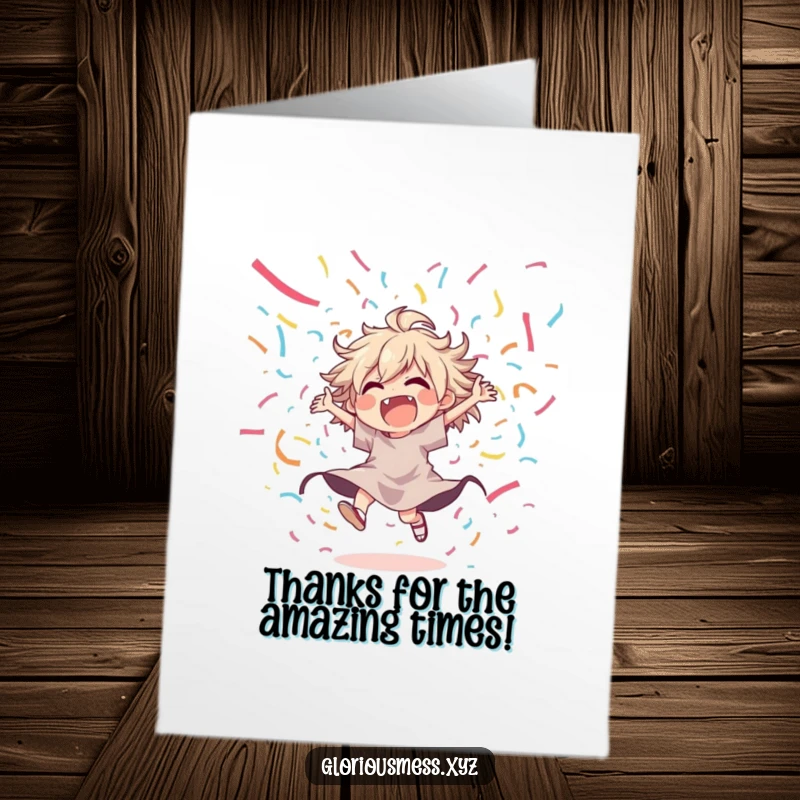 Funny Free Printable Thank You Card: Joyful dancer celebrating wildly surrounded by a shower of colorful streamers.