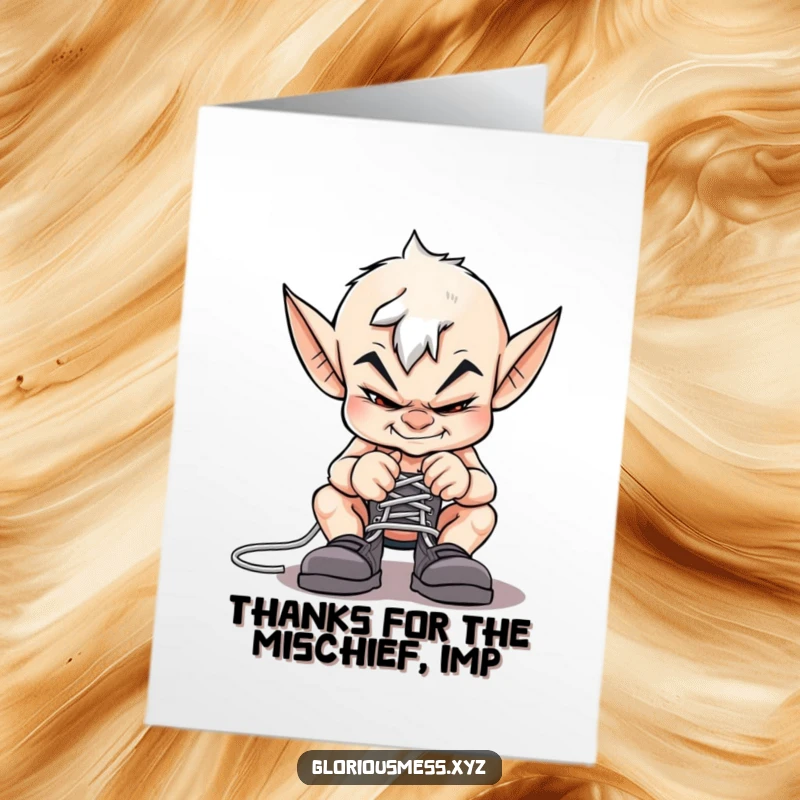 Funny Free Printable Thank You Card: A mischievous imp with a sly grin ties shoelaces together.