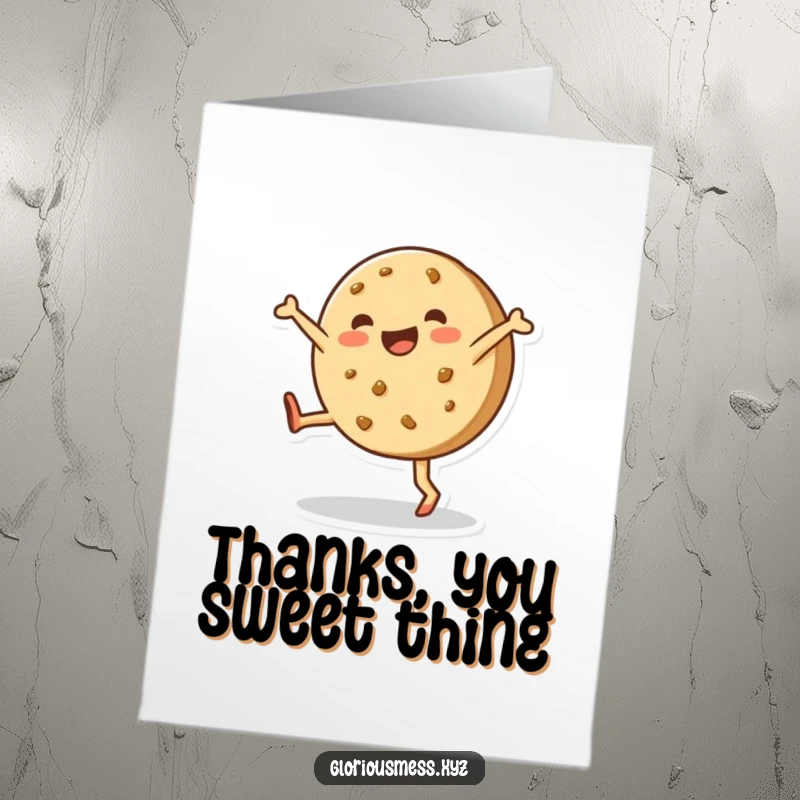 Funny Free Printable Thank You Card: Happy lopsided cookie character cartwheeling, sweet gratitude.