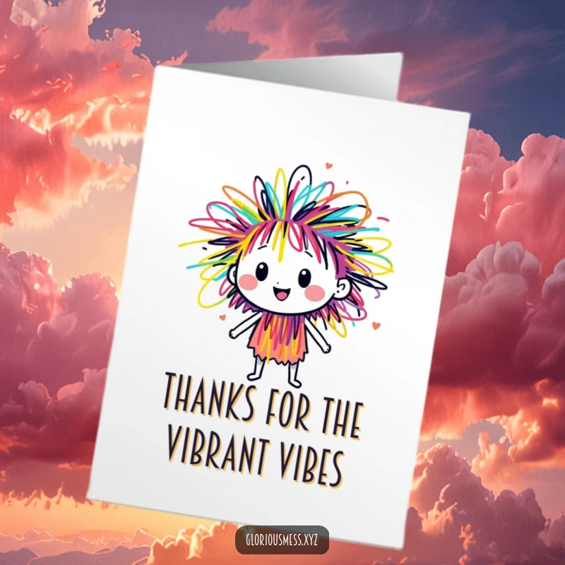 Funny Free Printable Thank You Card: A sentient scribble character expressing vibrant, colorful gratitude for a generous act.