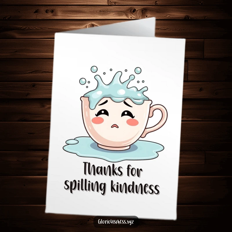 Funny Free Printable Thank You Card: A confused teacup character comically overflowing with bubbling liquid, expressing confused thanks.