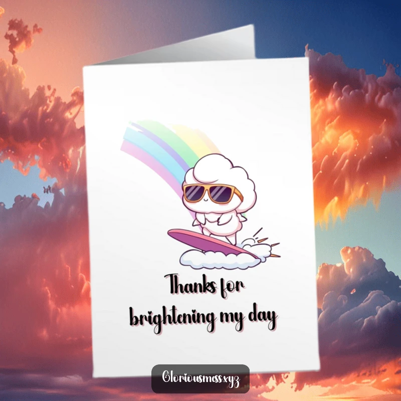 Funny Free Printable Thank You Card with a cloud in sunglasses catching a rainbow wave.