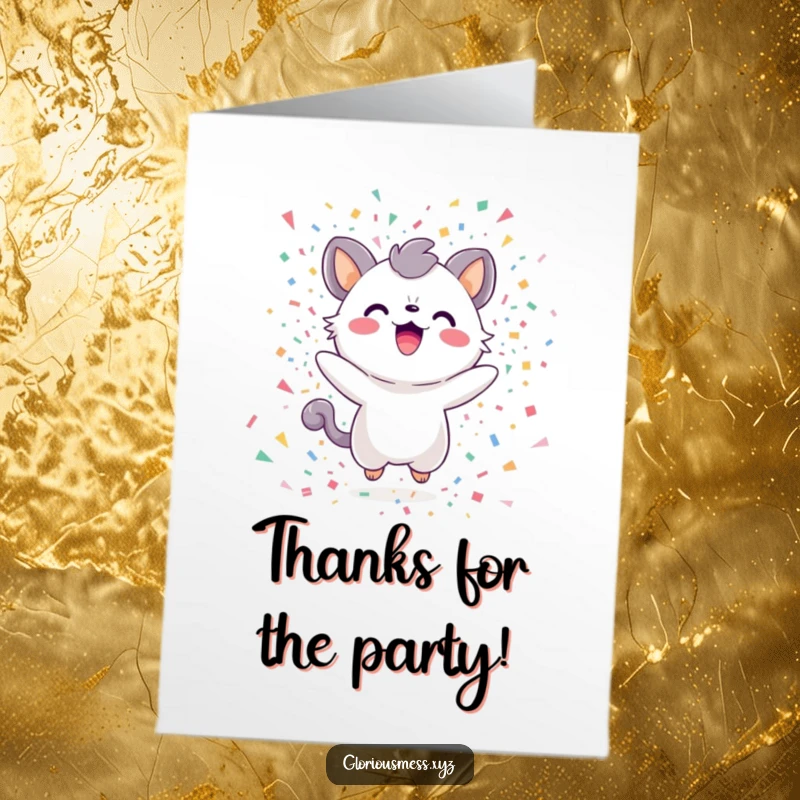 Funny Free Printable Thank You Card: A creature radiating happiness, covered in playful confetti for a cheerful thank you.