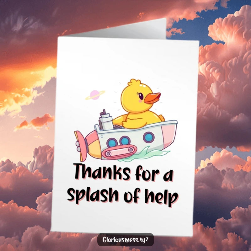 Funny Free Printable Thank You Card of a rubber duck in a submarine sending thanks through bubbly waters.