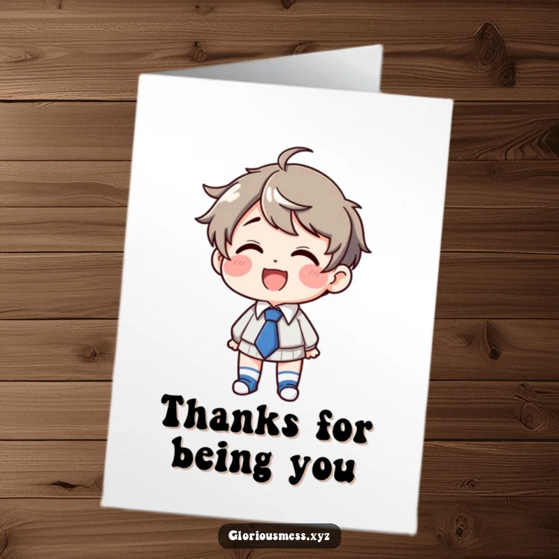 Funny Free Printable Thank You Card: Giggling character wearing mismatched socks and a crooked tie, for a unique thank you.