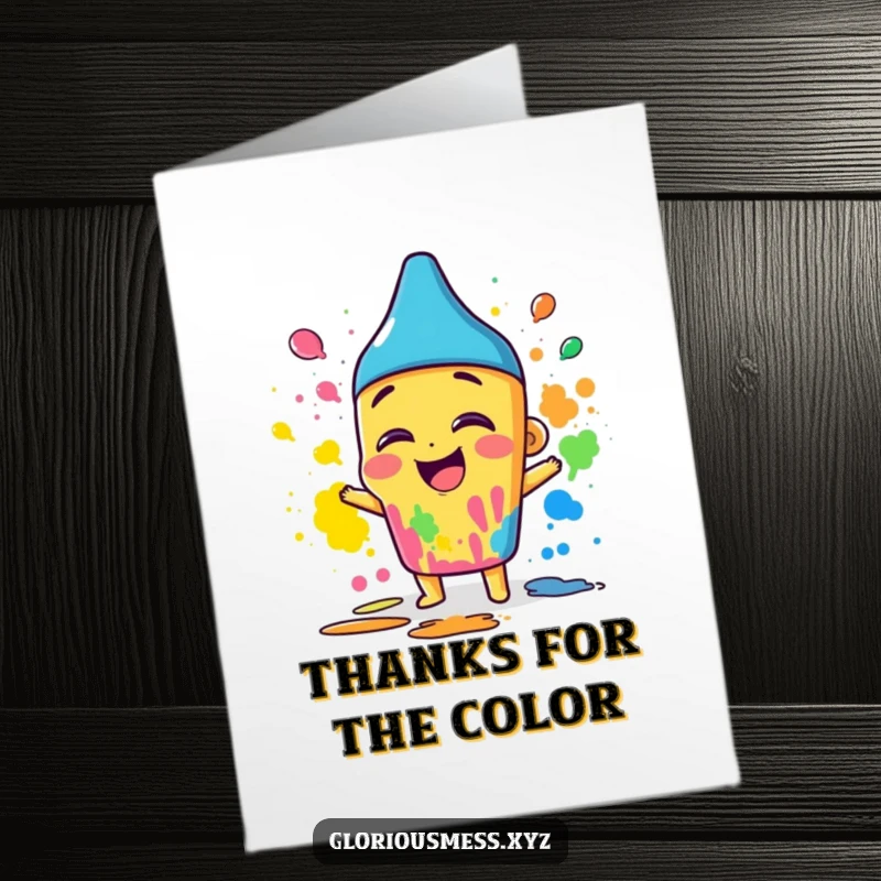 Funny Free Printable Thank You Card: Giggling crayon character smearing colors joyfully, artistic gratitude.