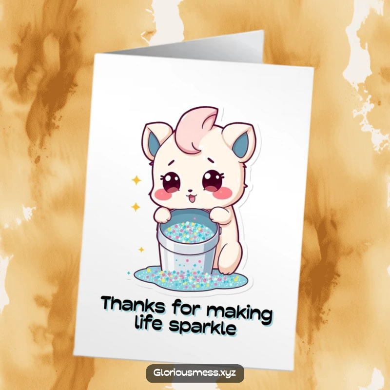 Funny Free Printable Thank You Card: A creature’s innocent surprise at spilling a bucket of glitter, creating a joyful, sparkling mess.