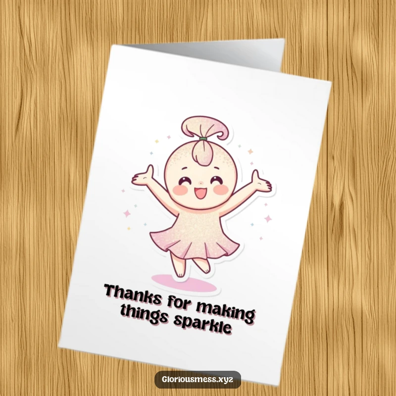 Funny Free Printable Thank You Card: Happy character covered in glitter spins, a sparkly and humorous way to say thanks.