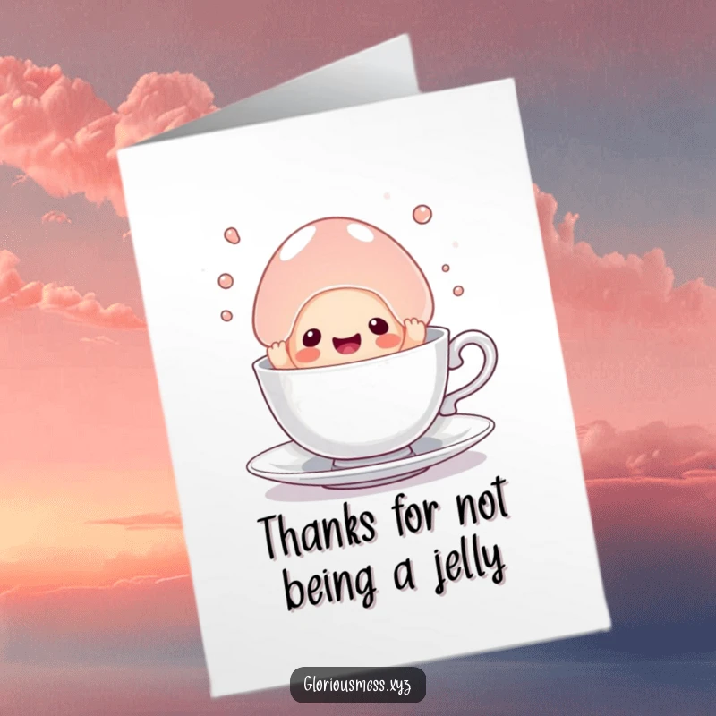 Funny Free Printable Thank You Card of a jelly blob looking thankful after escaping a teacup.