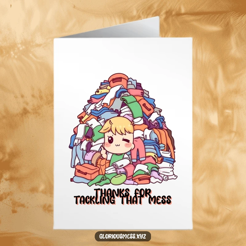 Funny Free Printable Thank You Card: Character winks pointing at a huge mountain of laundry, a funny thank you.