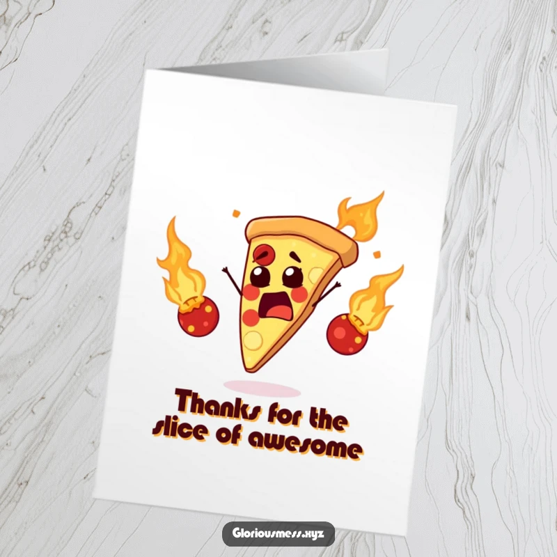 Funny Free Printable Thank You Card depicting a pizza slice juggling flaming meatballs with appreciation.