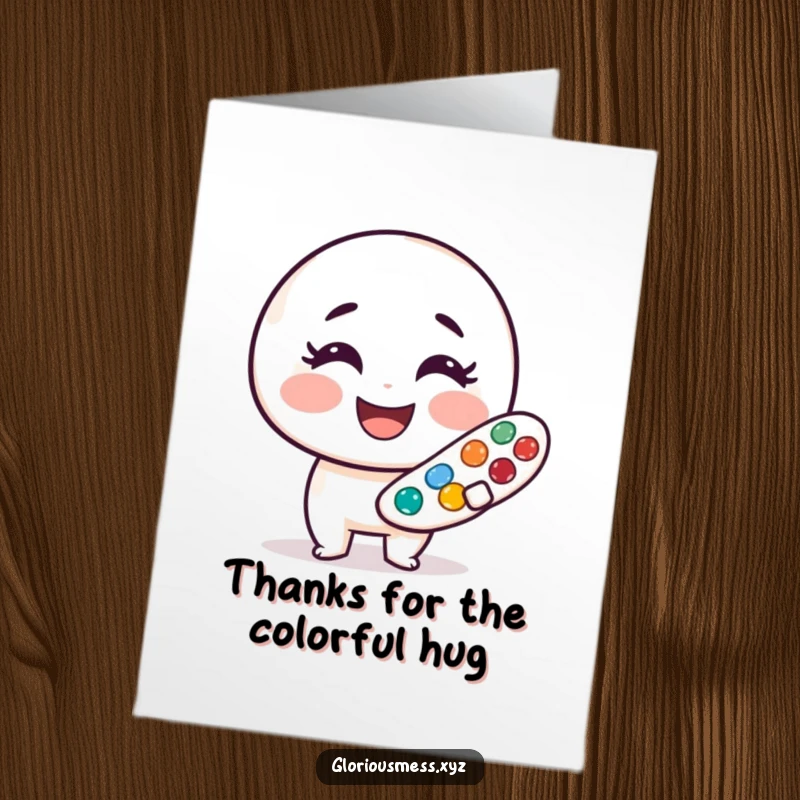 Funny free printable thank you card with a smudged, smiling paint palette character, spreading colorful appreciation.