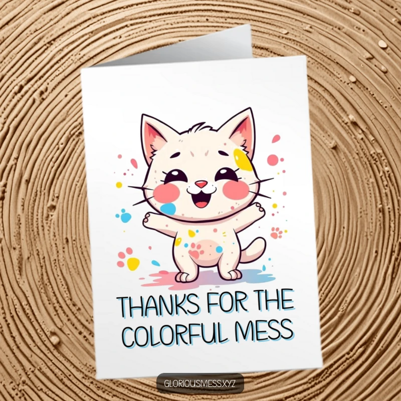 Funny free printable thank you card featuring a giggling paint splatter character leaving colorful paw prints, showing thanks.