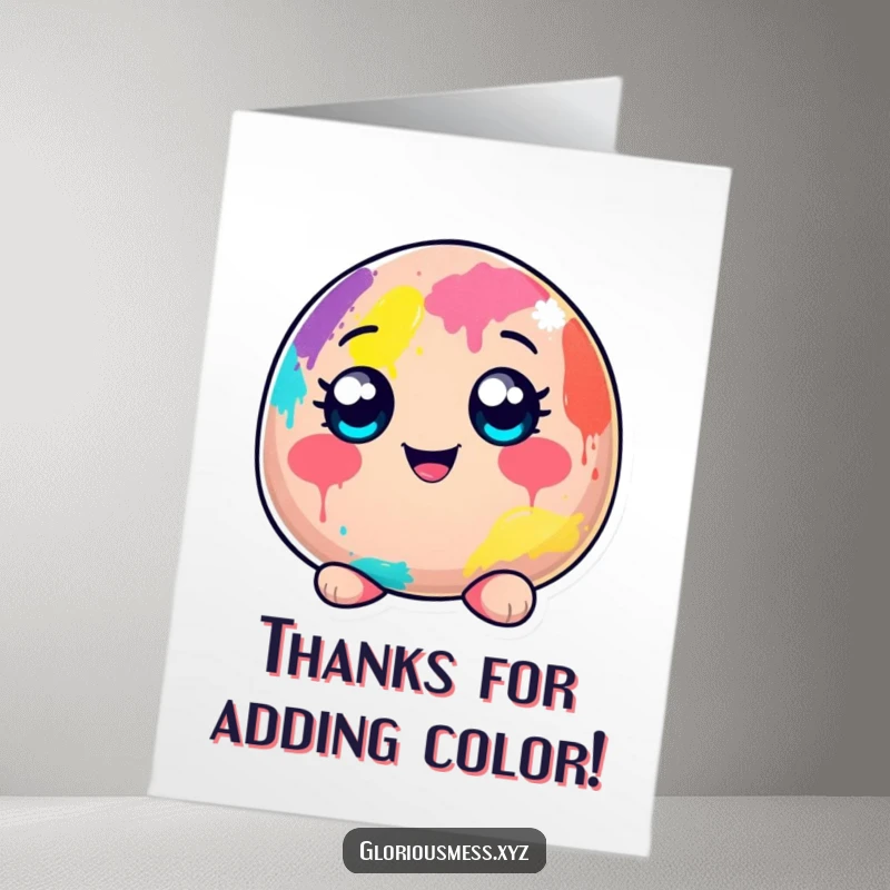 Funny Free Printable Thank You Card: Cheerful blob character covered in paint, a vibrant expression of thanks.