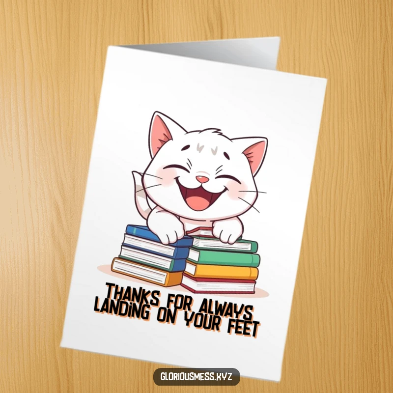 Funny Free Printable Thank You Card: A grinning cat caught mid-trip over a pile of books.