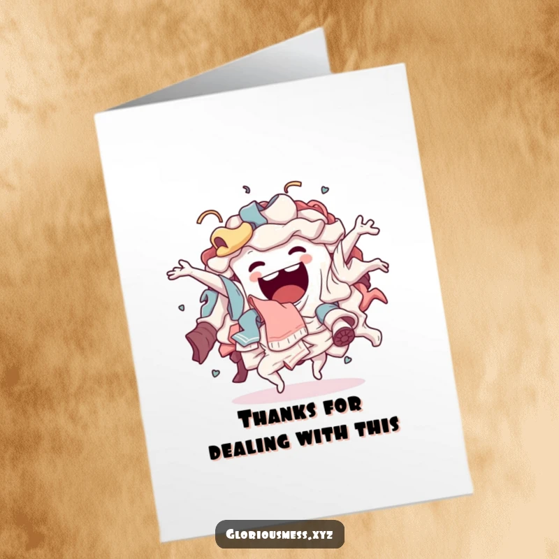 Funny free printable thank you card, a sentient laundry pile performing a chaotic dance of gratitude.