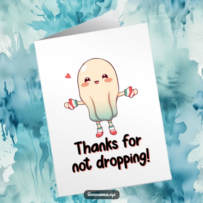 Funny Free Printable Thank You Card: A wobbly jelly character juggling different colored, mismatched socks. A funny way to express thanks. Downloadable.