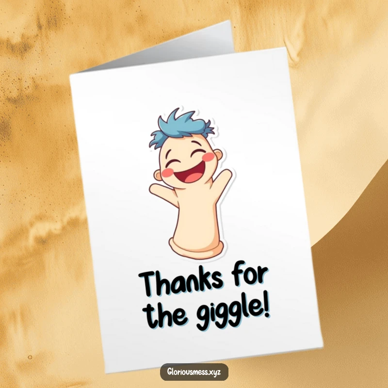 Funny Free Printable Thank You Card: A cheerful sock puppet wiggling uncontrollably with laughter, expressing sincere thanks. Downloadable.