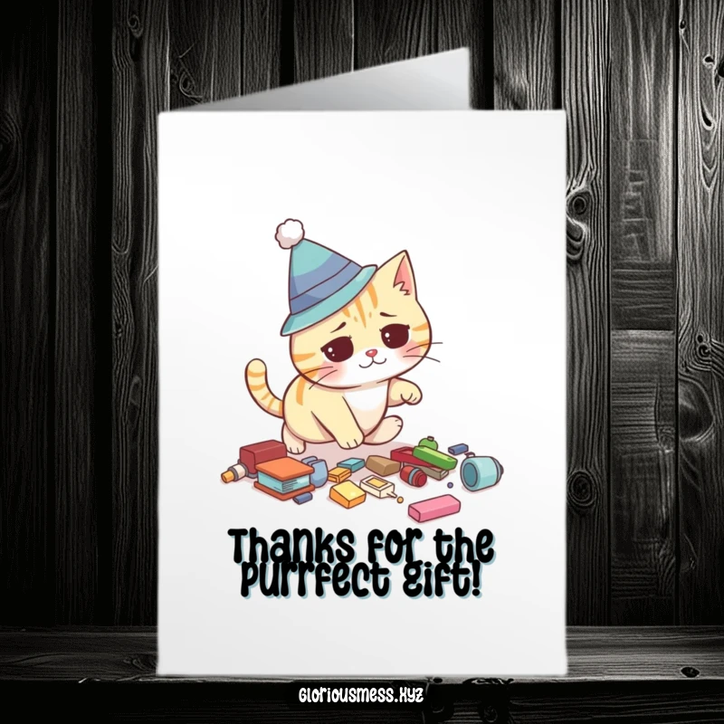 Funny Free Printable Thank You Card: Silly cat in a hat tripping, a comical way to express gratitude.