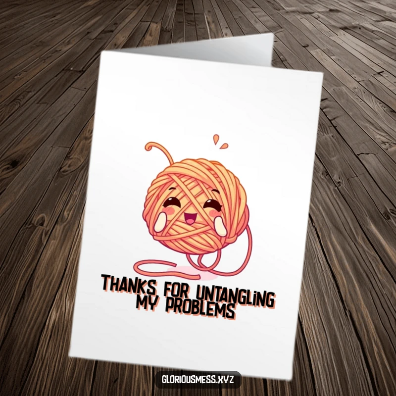 Funny Free Printable Thank You Card: A yarn ball character joyfully unwinding its tangled threads.